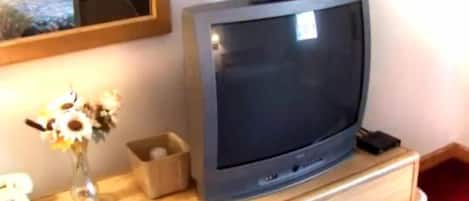 Ein Fernseher auf einer Holzkommode, eine Blumenvase und ein Telefon.