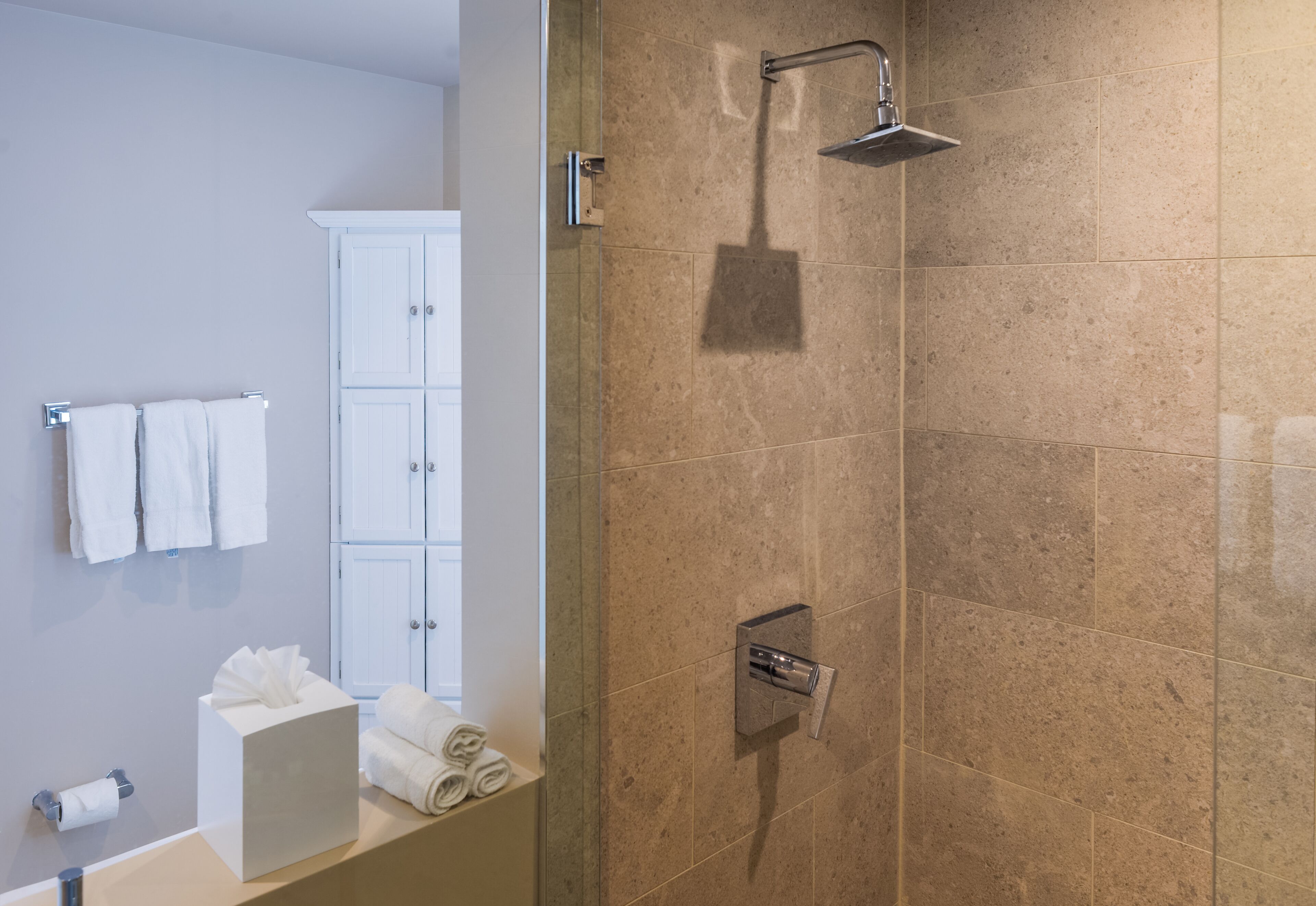 A modern bathroom with a shower, a toilet paper holder, and neatly folded towels on the counter.