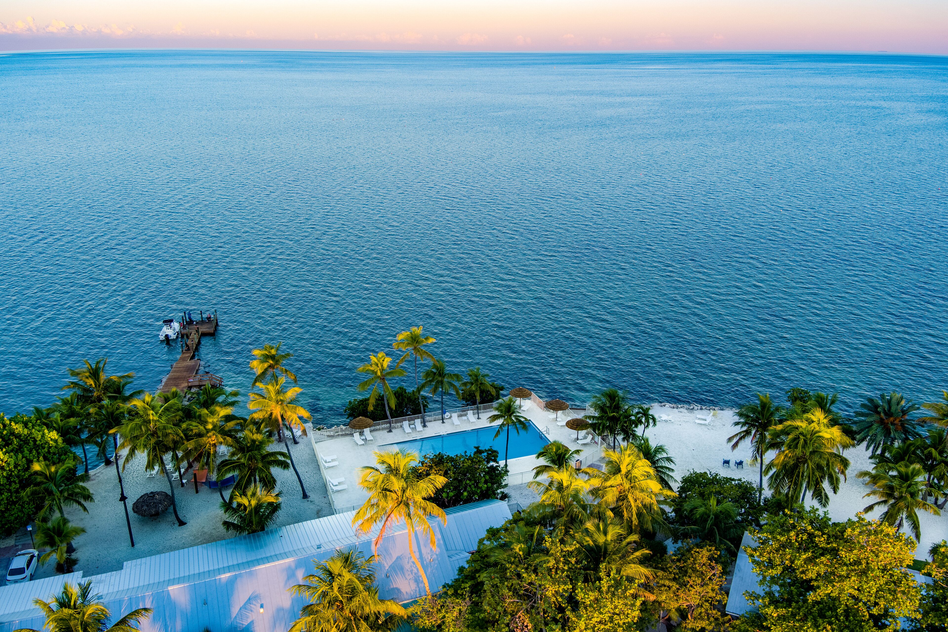 An aerial view of a resort with a swimming pool, palm trees, and a pier extending into the sea.