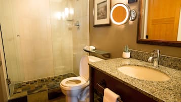 Combined shower/tub, designer toiletries, hair dryer, bathrobes