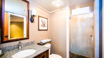 A bathroom with a granite sink, a toilet, a framed picture, and a shower area.