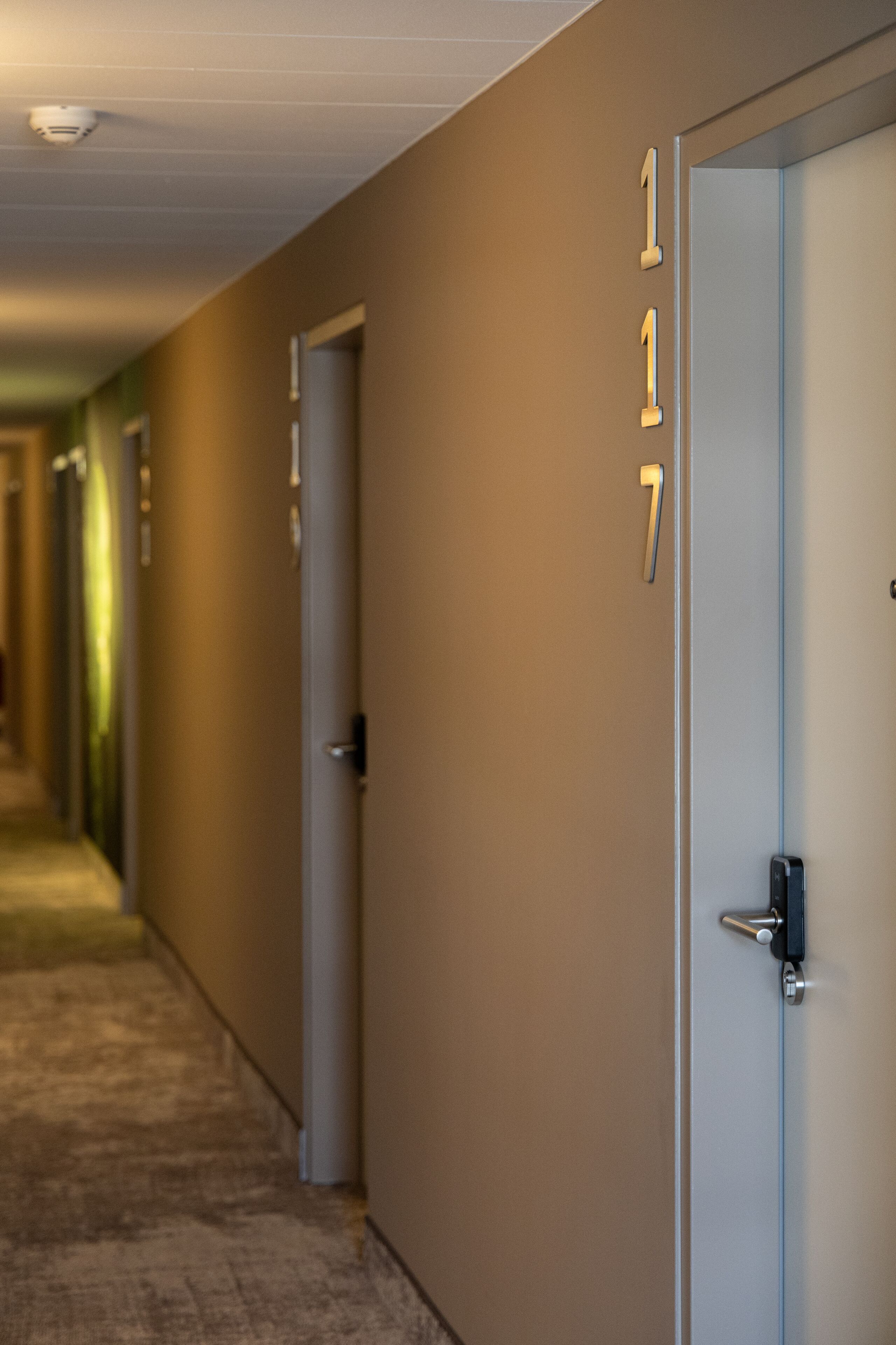 A hallway with doors numbered 117 and 118, carpeted flooring, and a ceiling light fixture.