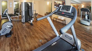 Une salle de sport équipée de tapis de course, d’appareils de musculation et d’un mur recouvert de miroirs.