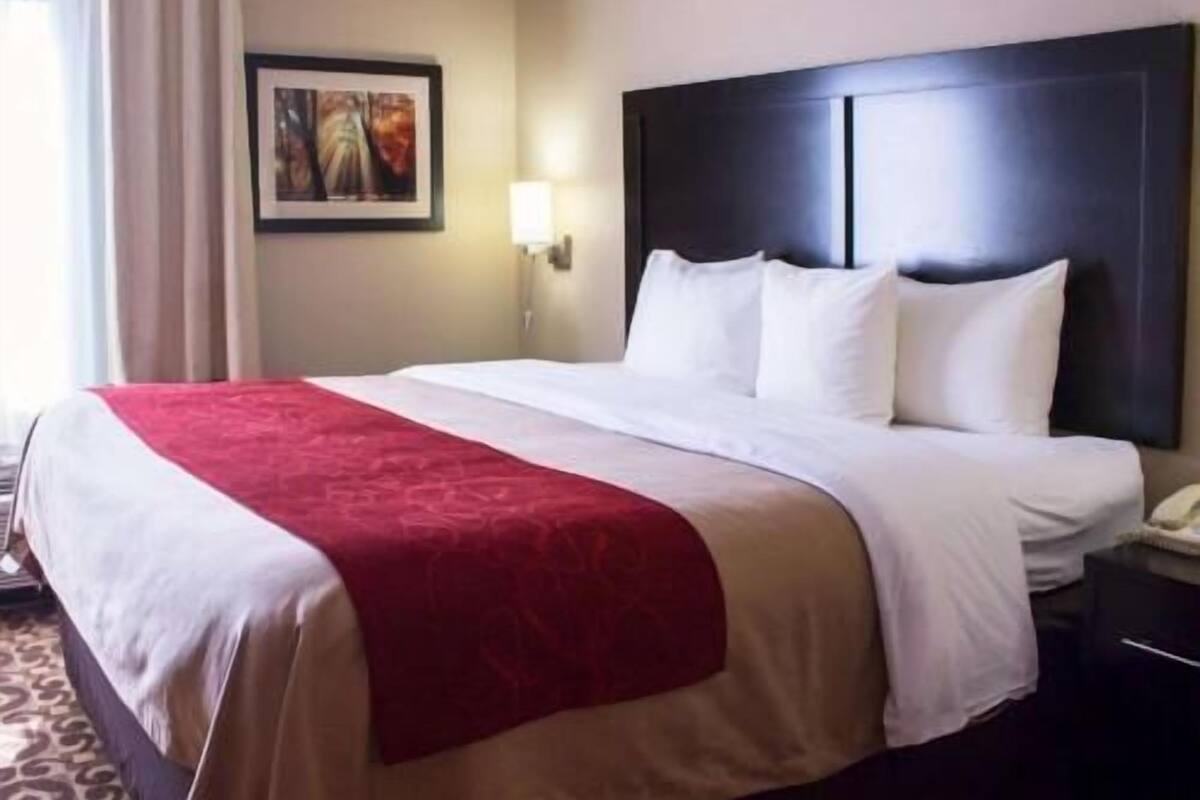 Ein Hotelzimmer mit einem großen Bett, einem Kopfteil, einem Nachttisch, einer Lampe und einem Bild an der Wand.
