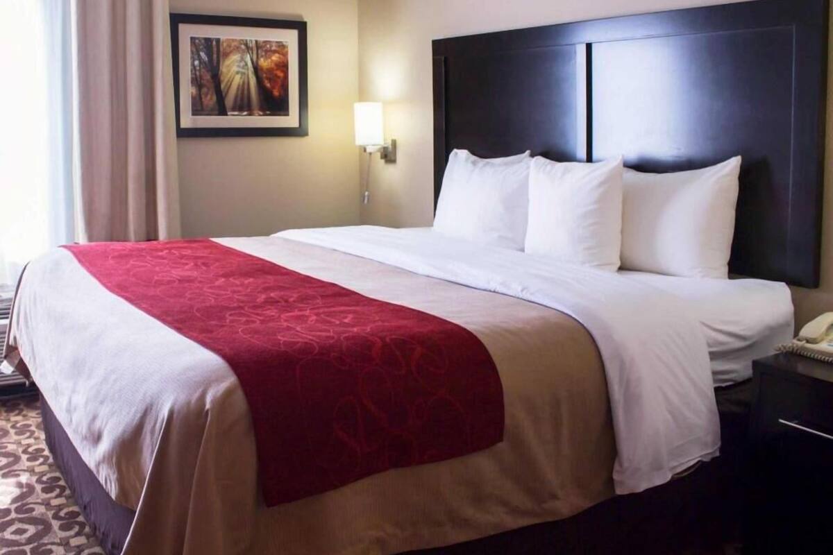 Ein Hotelzimmer mit einem großen Bett, einem Kopfteil, einem Nachttisch mit Lampe und einem gerahmten Bild an der Wand.