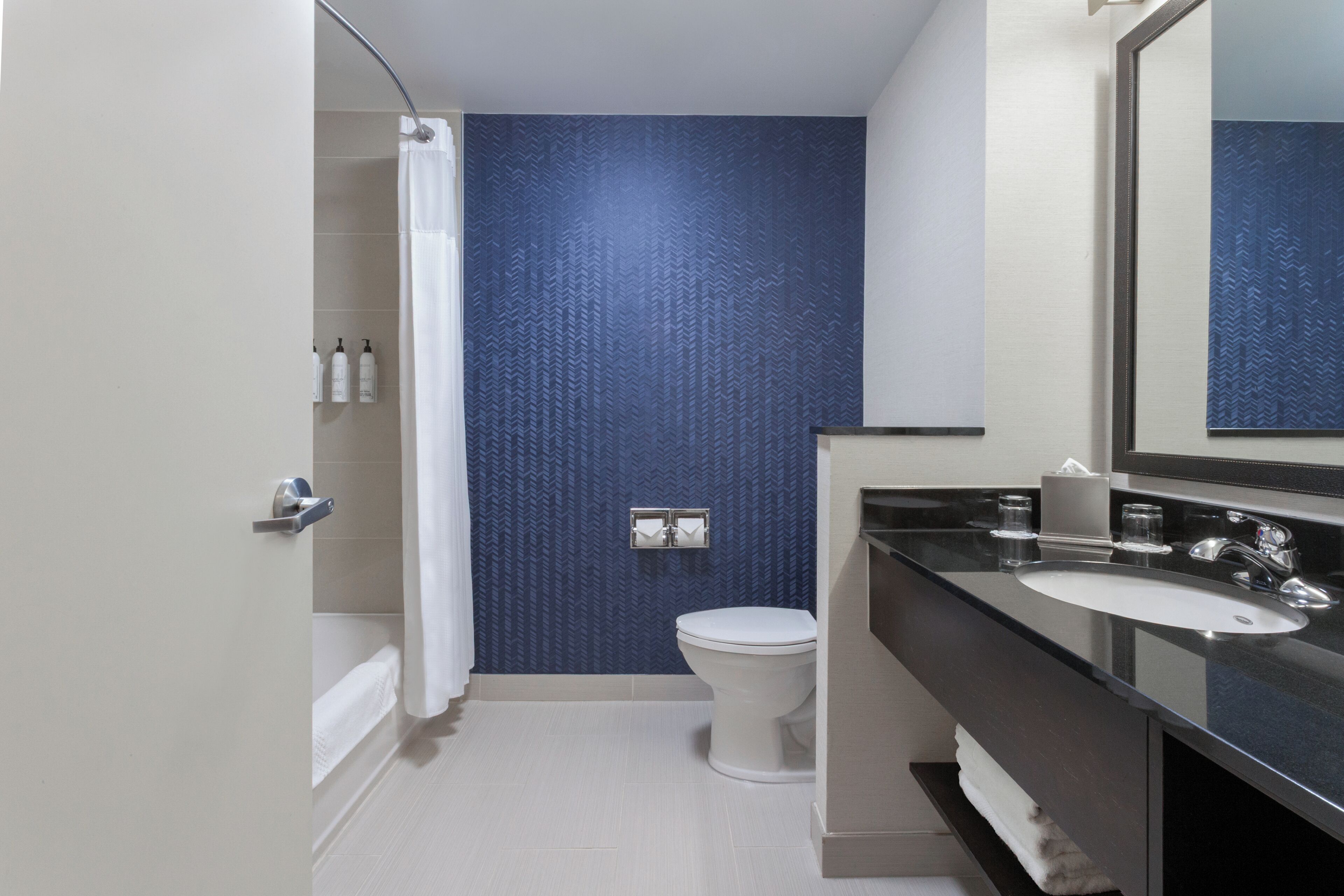 A modern bathroom with a shower, toilet, and a vanity with a mirror.
