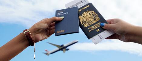 A hand holding a passport and a boarding pass against a backdrop of a clear sky and an airplane.