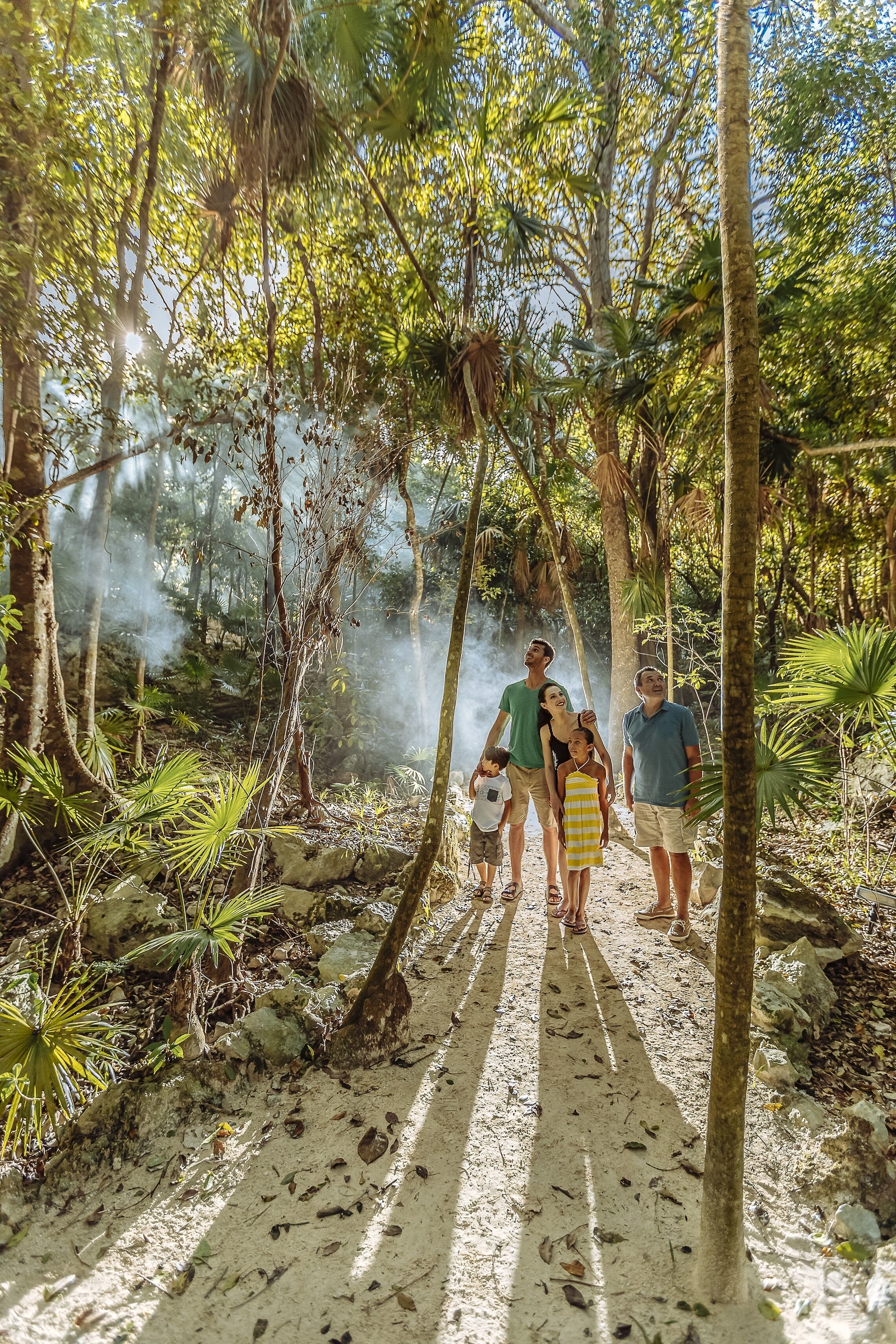 Una familia camina por un área boscosa con un sendero de tierra.