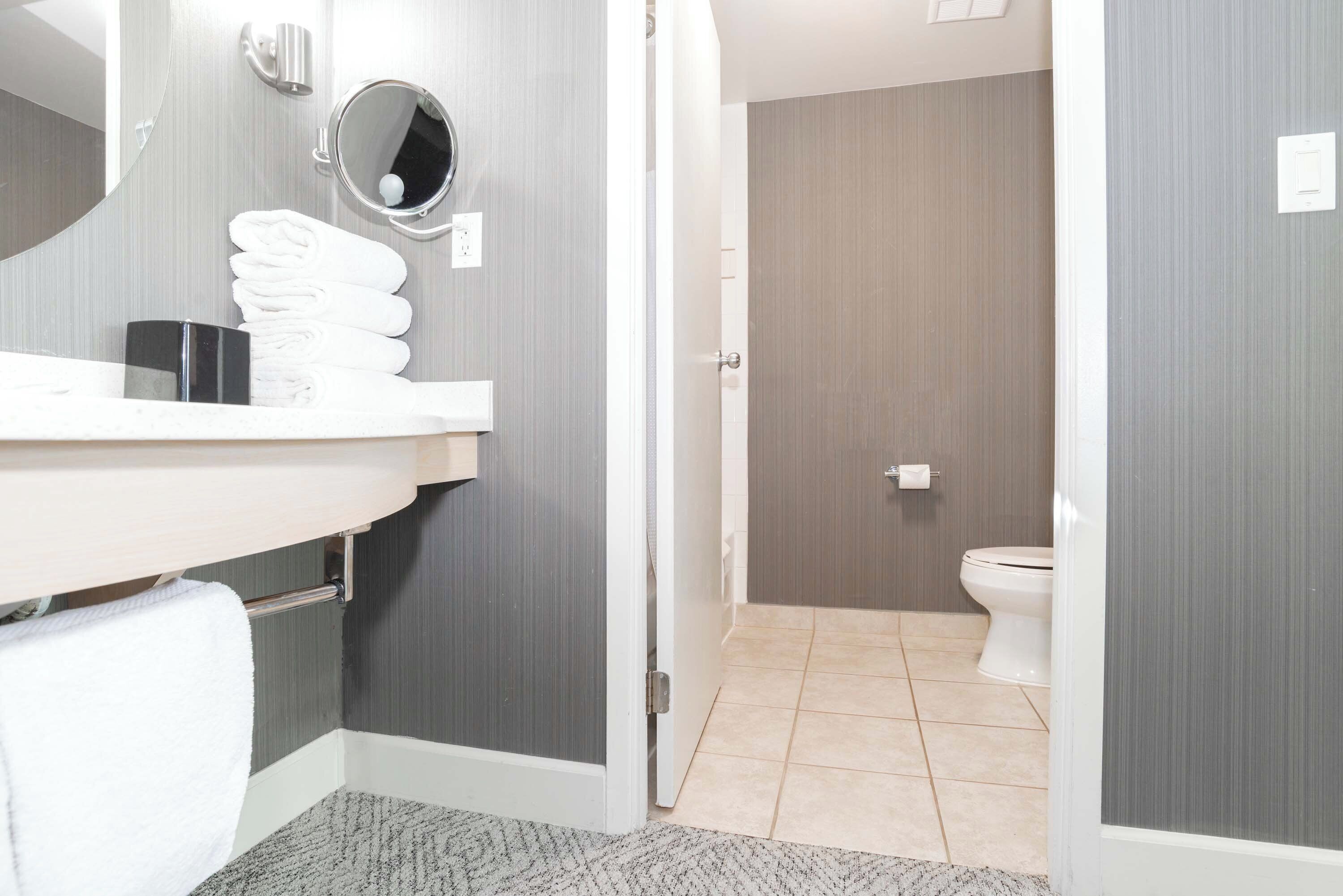 A bathroom with a white sink, a mirror, and a toilet.