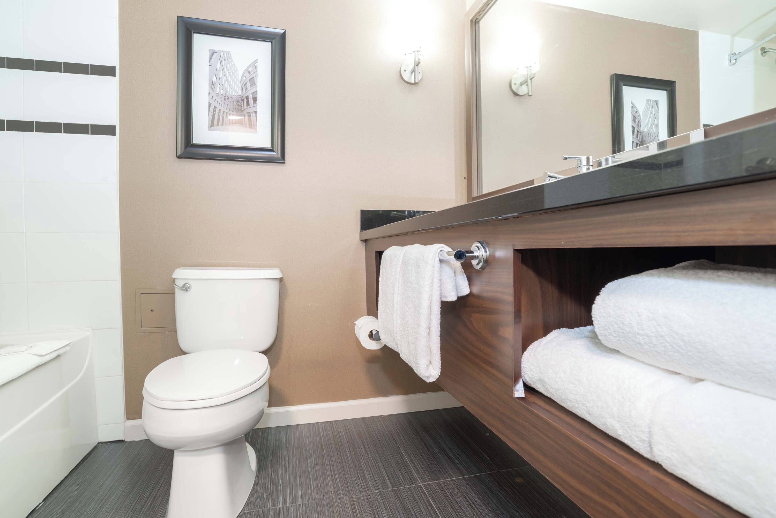 A modern bathroom with a toilet, a sink with a mirror, and a towel rack.