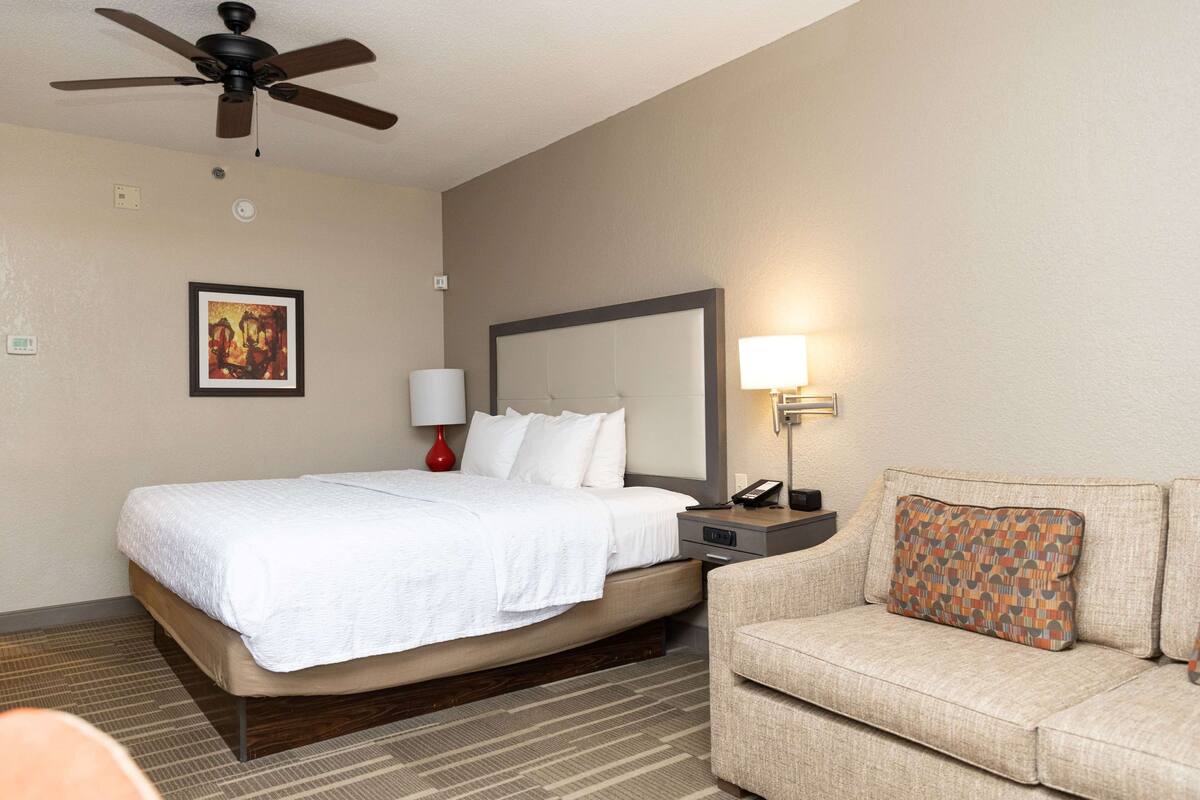 A hotel room with a bed, a chair, a ceiling fan, and a nightstand with a lamp.