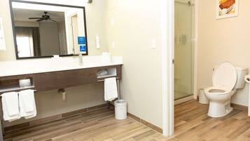 Une salle de bain moderne avec un plancher en bois, un lavabo blanc, un miroir, des toilettes et un espace douche.