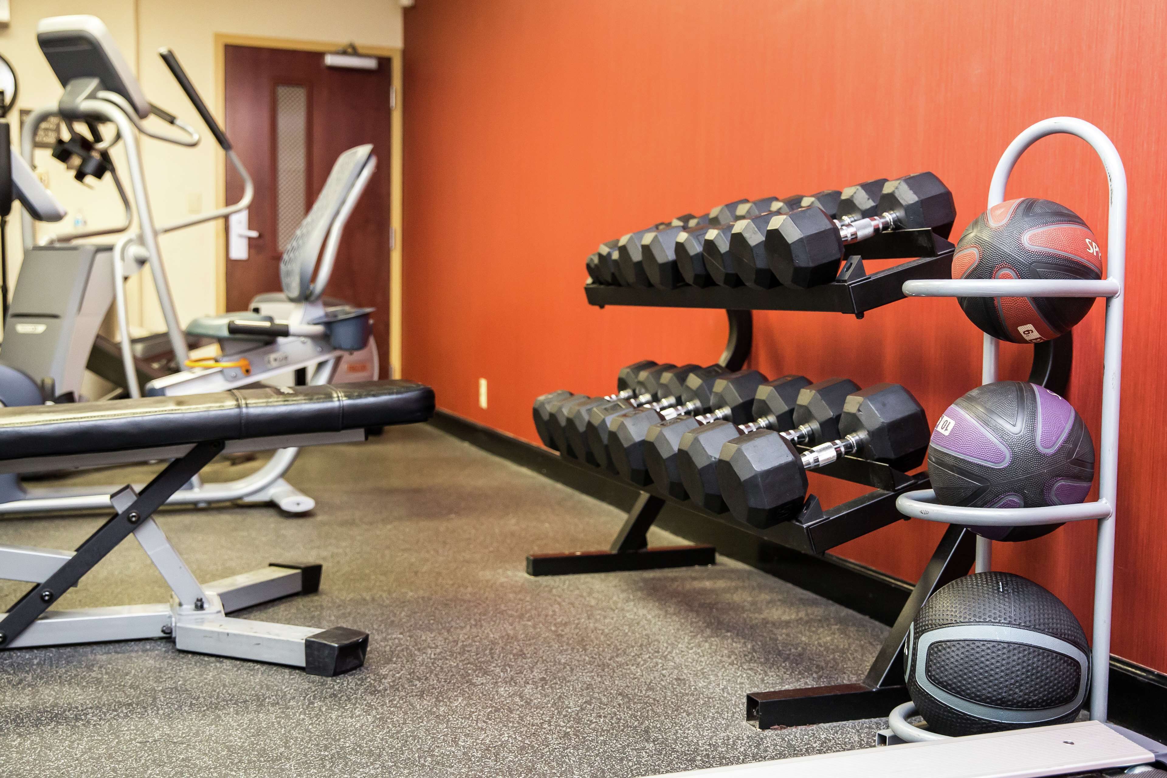 A gym with exercise equipment including dumbbells, a treadmill, and a stationary bike.