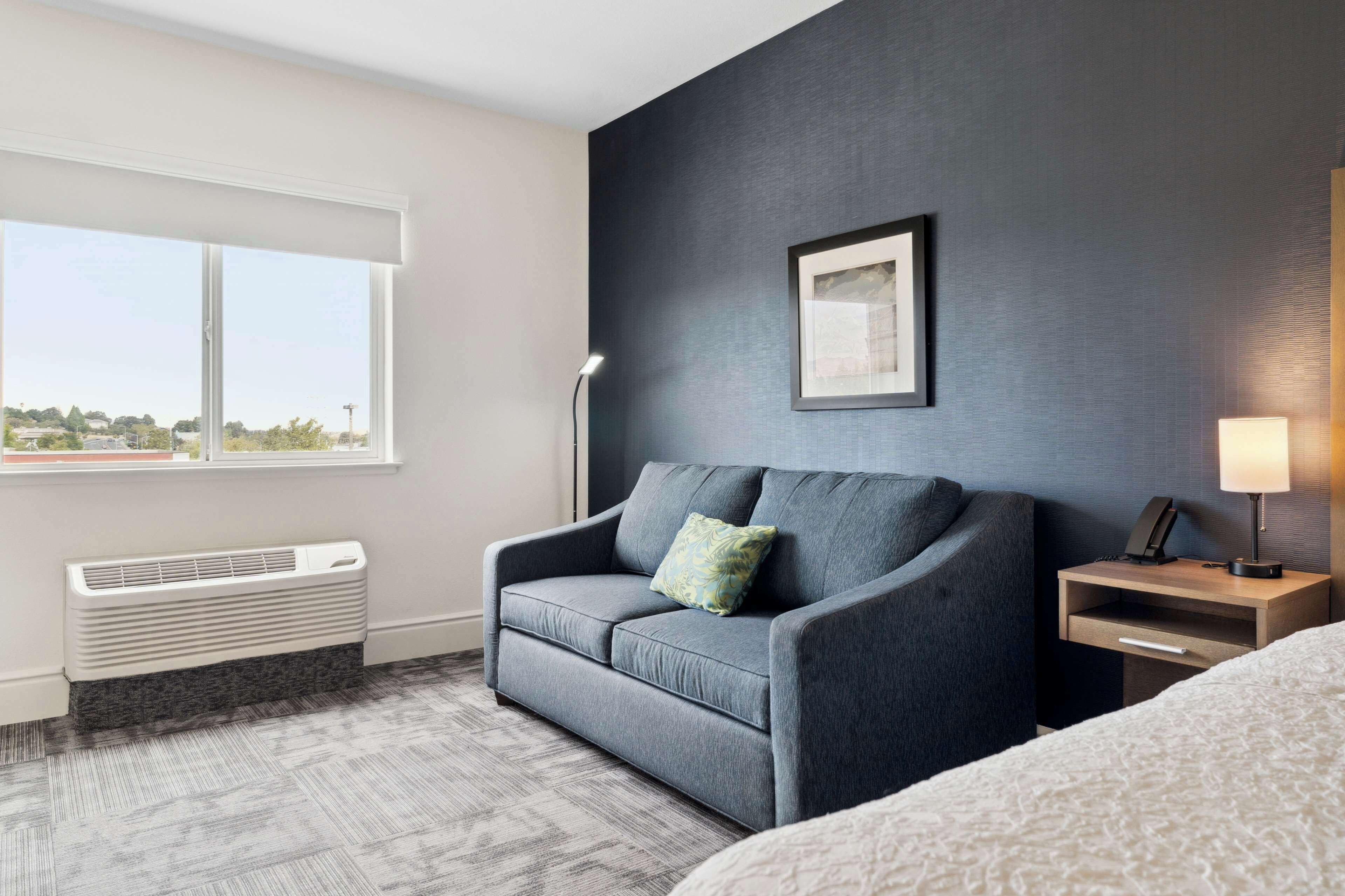 A modern hotel room with a grey sofa, a bedside table with a lamp, a framed picture on the wall, and a large window offering a view of the outdoors.