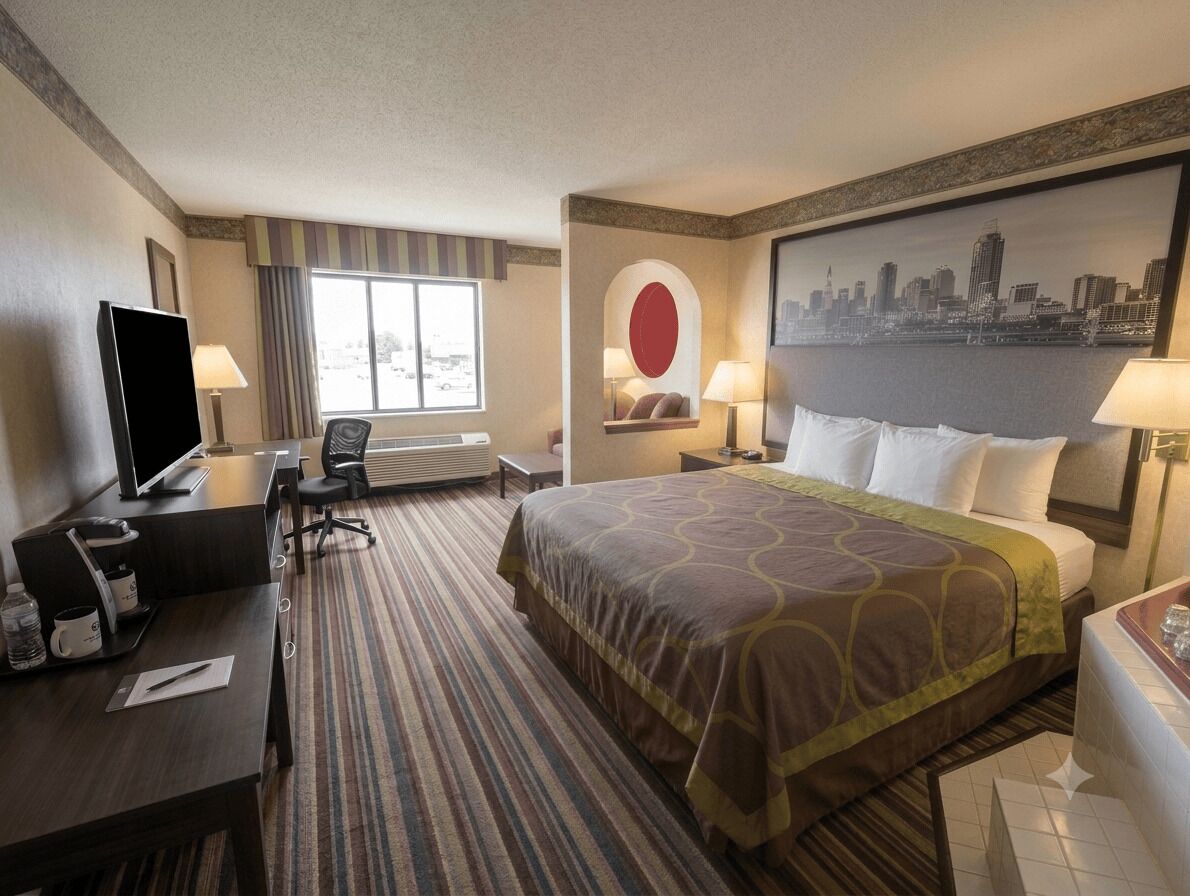 A hotel room with a bed, desk, chair, television, and a cityscape painting.
