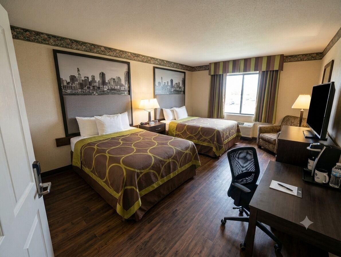A hotel room with two beds, a desk with a chair, a television, and a window with curtains.