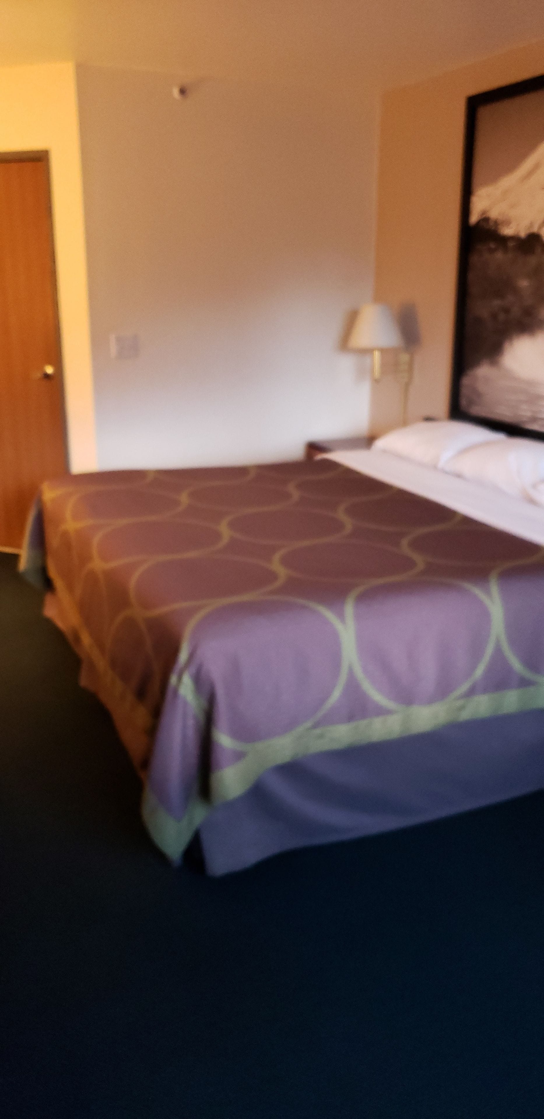 Una habitación de hotel con una cama, una mesita de noche, una lámpara y una puerta.