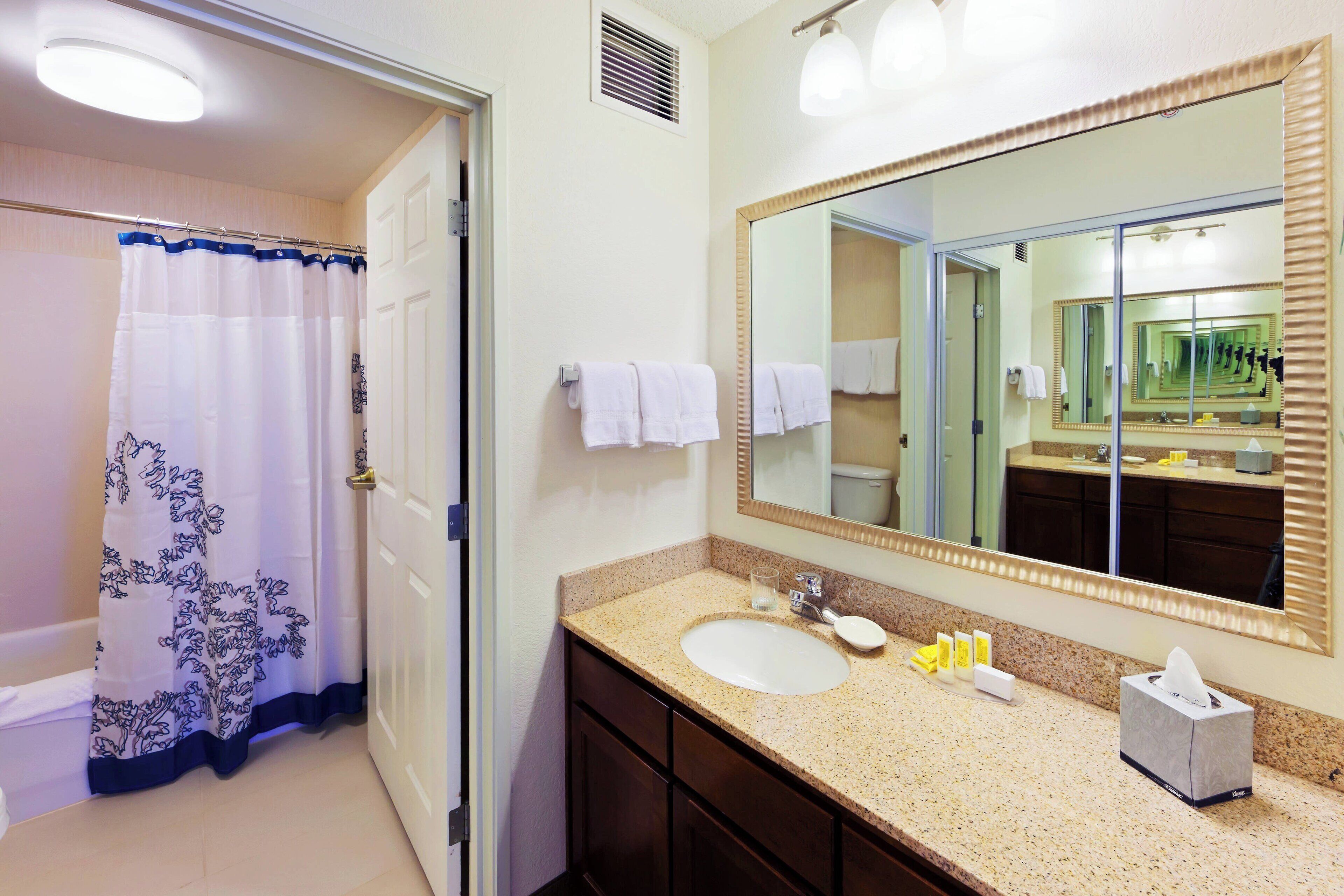 combined shower/bathtub, designer toiletries, hair dryer, towels