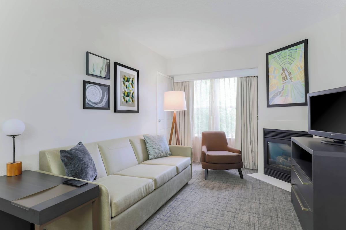 A modern hotel room with a sofa, armchair, TV, and fireplace.