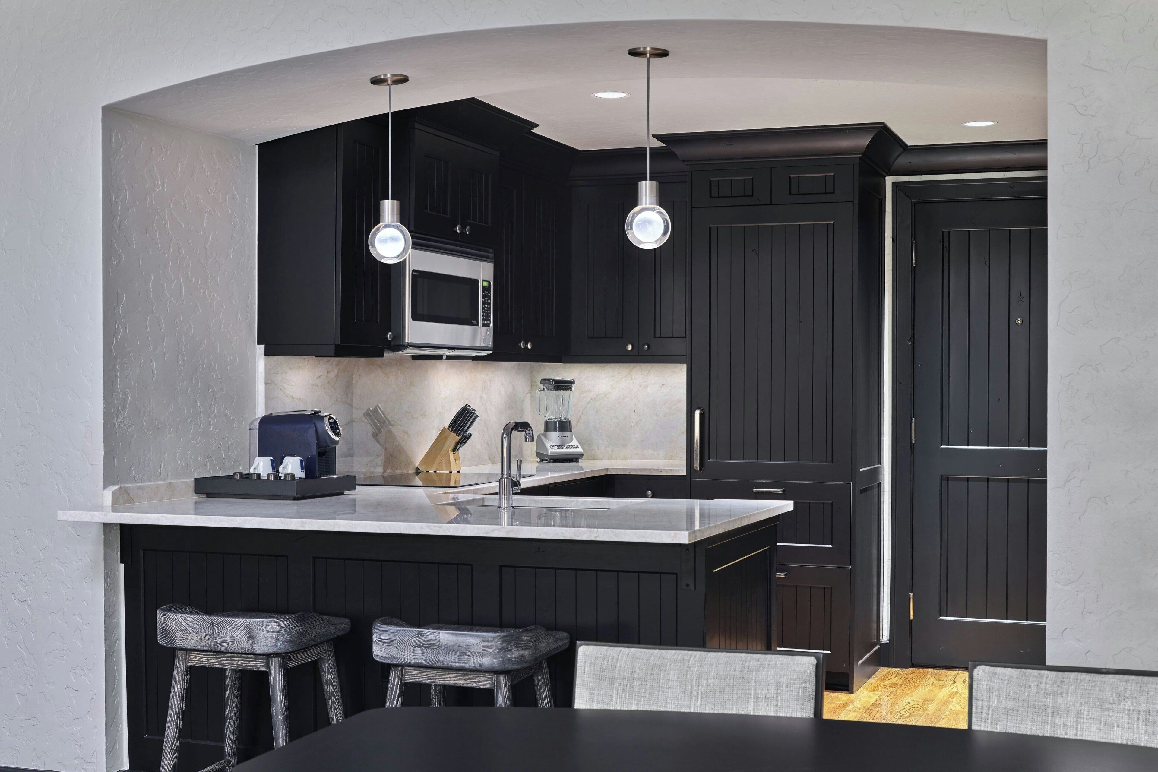 mini-fridge, microwave, coffee/tea maker, high chair