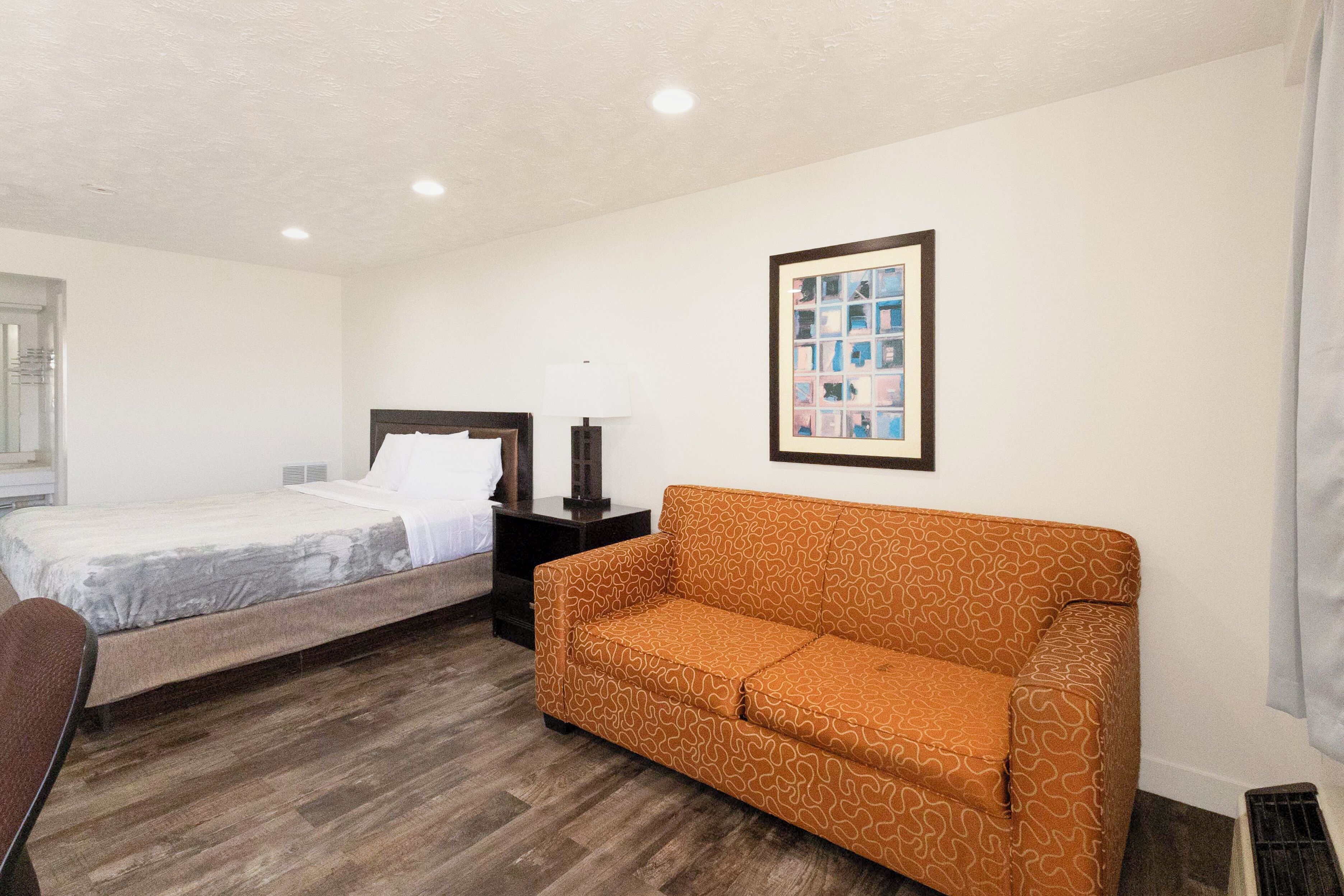 A room with a bed, a sofa, a small table, and a framed picture on the wall.