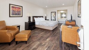A hotel room with a bed, a sofa, a chair, a desk, a nightstand, a lamp, and a painting on the wall. - Circle S Motel Cozad I-80 (Cozad)