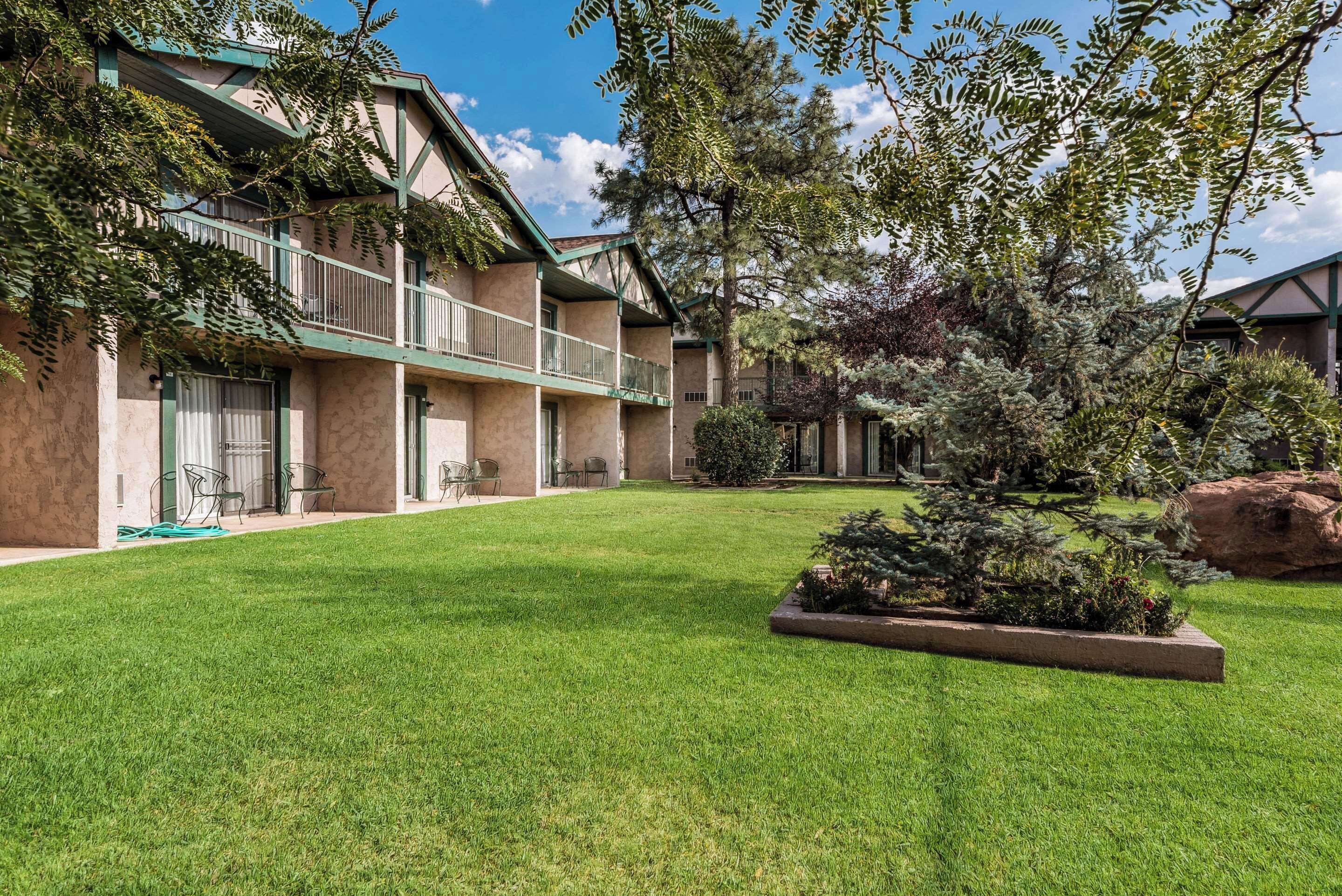 A building with a green balcony, a well-maintained lawn, and a variety of trees and shrubs.