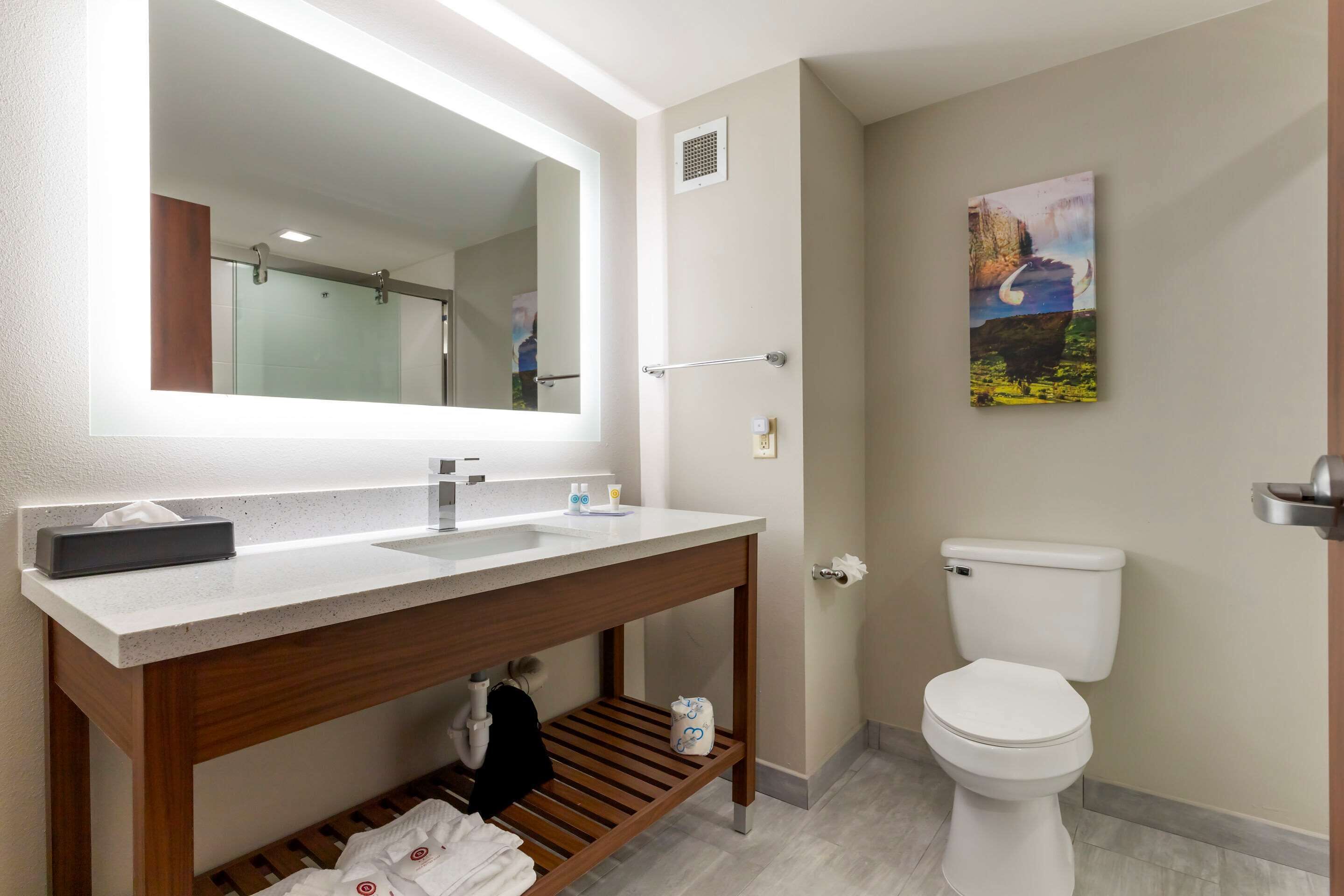 A bathroom with a white sink, wooden vanity, a large mirror, a toilet, and a painting on the wall.