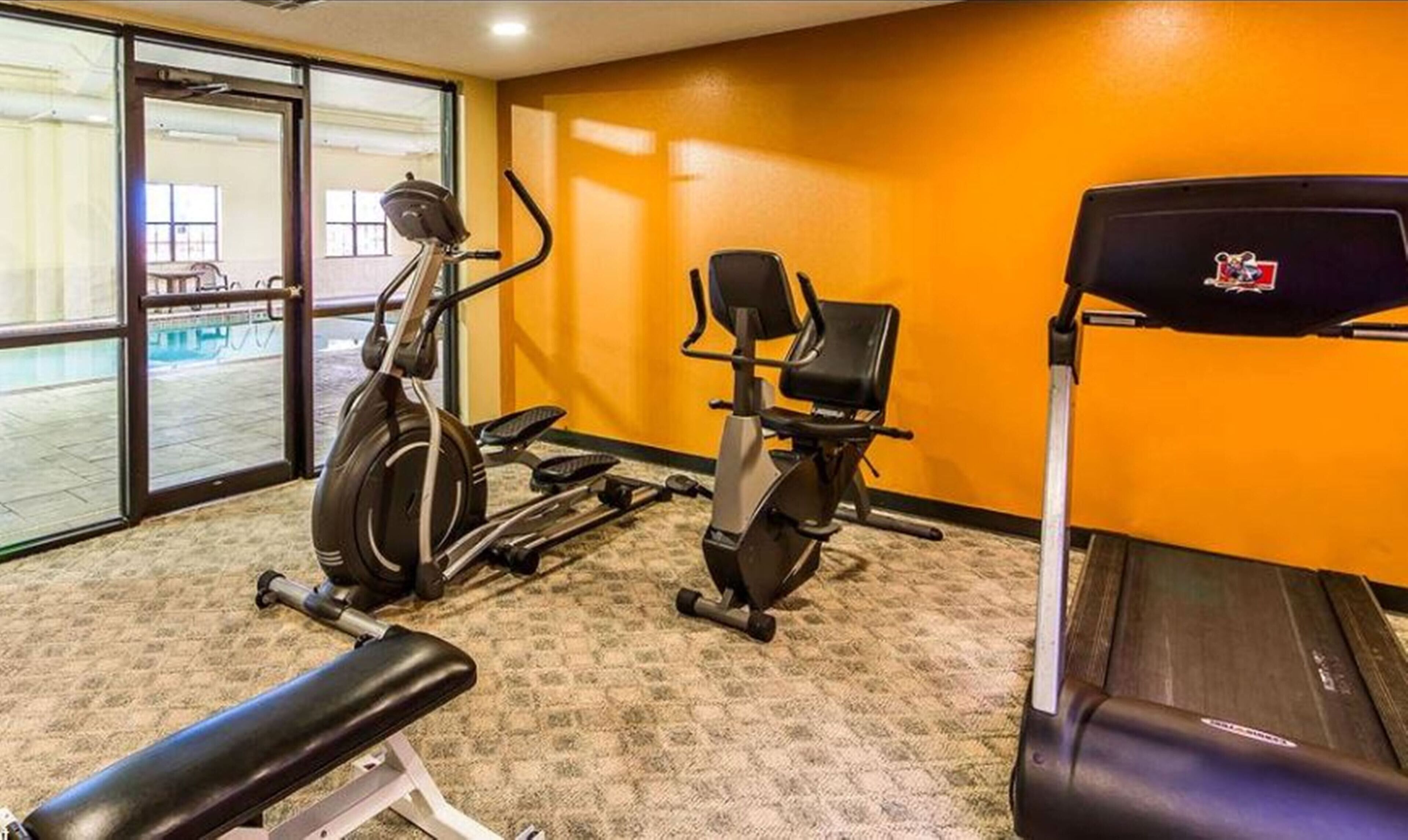 Un gimnasio con equipo de ejercicio, incluyendo cinta de correr, elíptica y bicicleta estática.