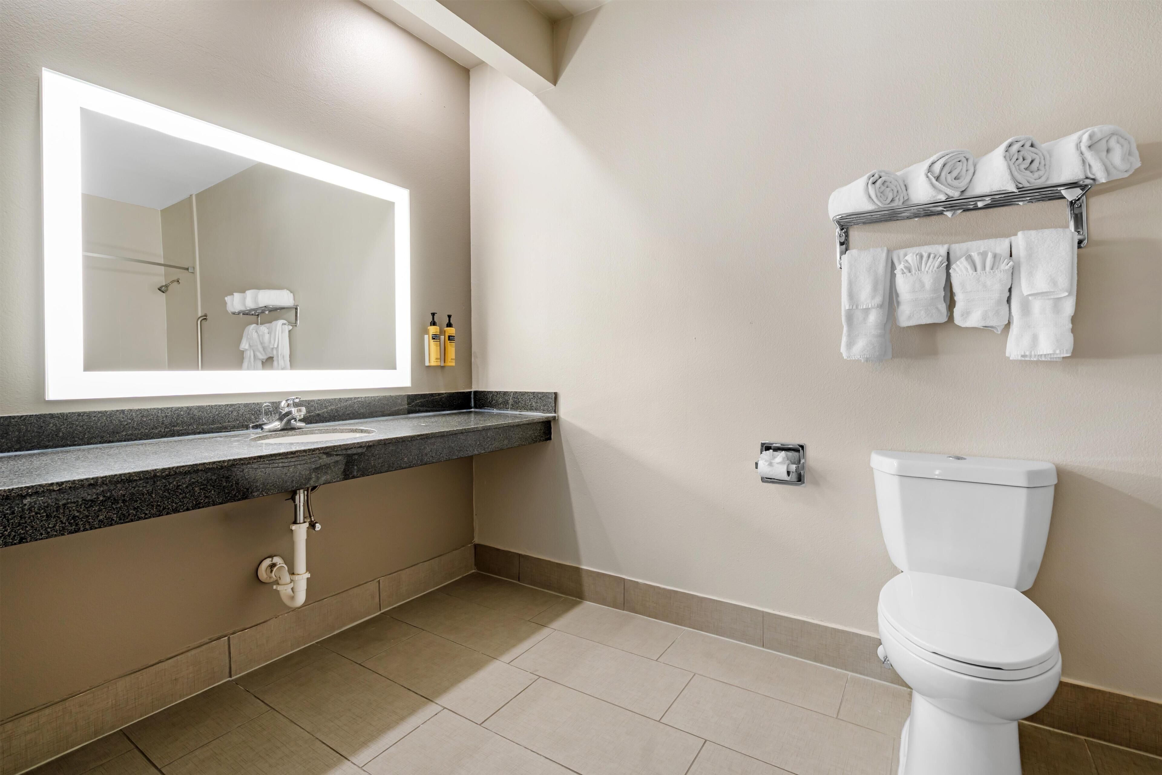 A bathroom with a sink, mirror, towel rack, toilet, and a shower area.