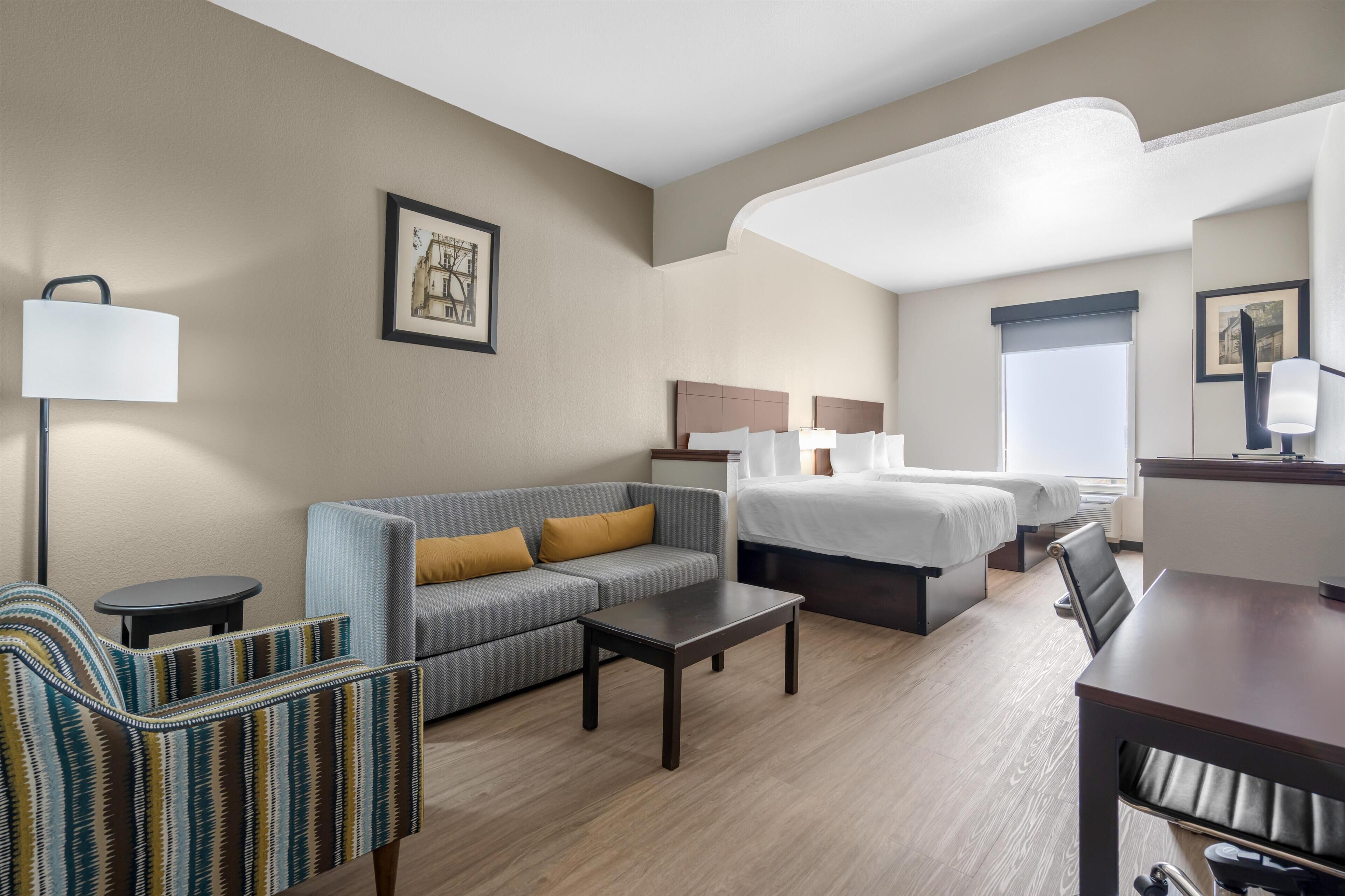 Suite, 2 Queen Beds, Non Smoking, Refrigerator & Microwave | Desk, laptop workspace, blackout drapes, iron/ironing board