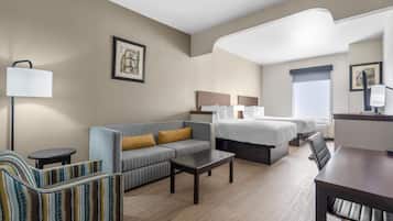 Suite, 2 Queen Beds, Non Smoking, Refrigerator & Microwave | Desk, laptop workspace, blackout drapes, iron/ironing board