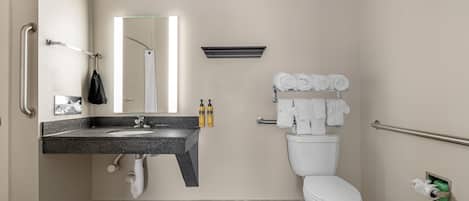 A bathroom with a sink, mirror, toilet, handrails, and towels.