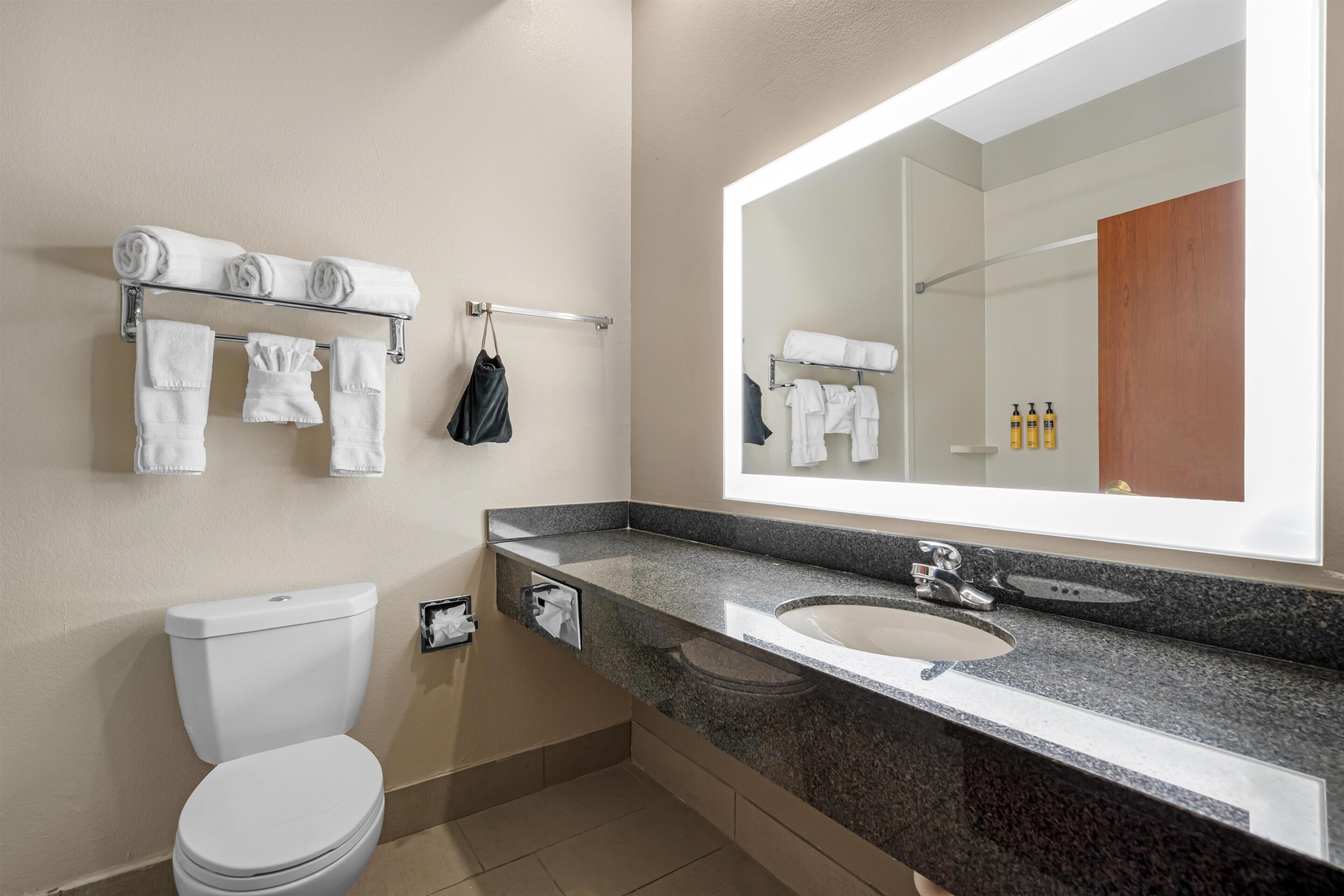A modern bathroom with a toilet, sink, and towel rack.