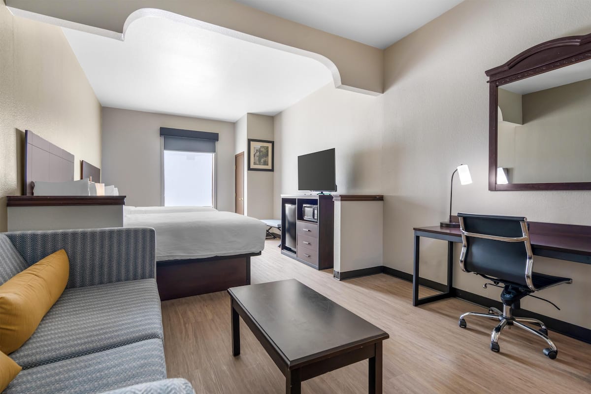 A hotel room with a bed, a desk, a chair, a sofa, and a television.
