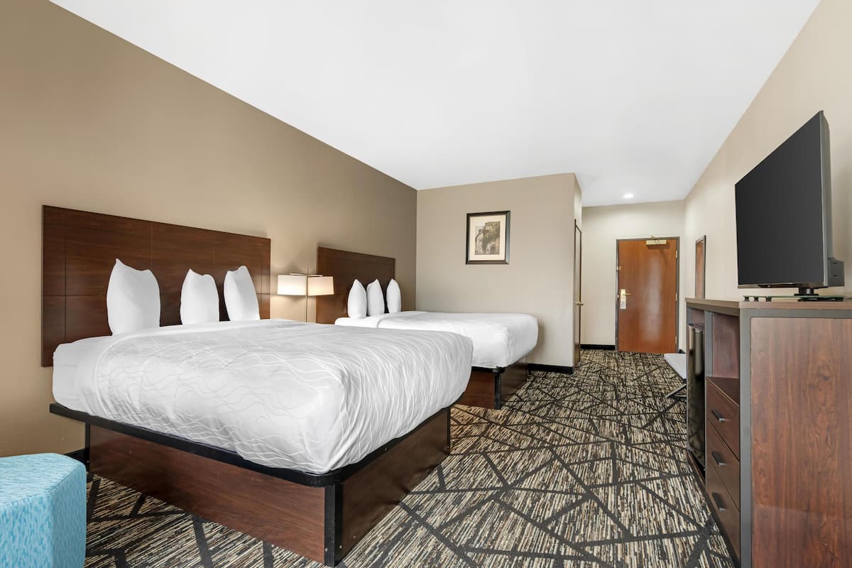 Standard Room, 2 Queen Beds, Non Smoking, Refrigerator & Microwave | Desk, laptop workspace, blackout drapes, iron/ironing board