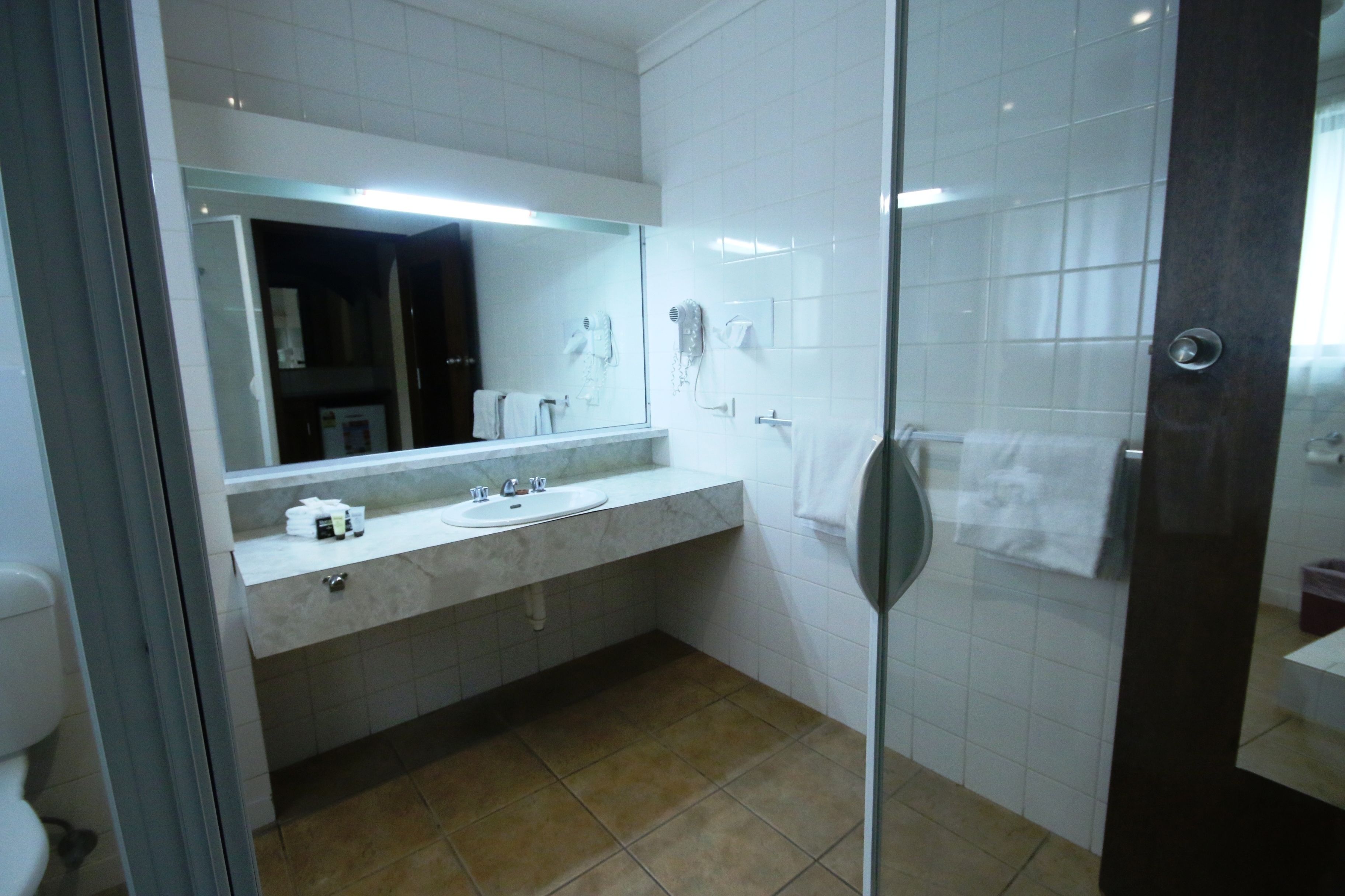 A modern bathroom with a glass shower door, a white sink, and a large mirror.