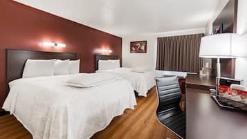 Premium Room, 2 Queen Beds (Upgraded Bedding & Snack, Smoke Free) | Desk, laptop workspace, blackout drapes, iron/ironing board