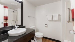 A modern bathroom with a white sink, dark countertop, and a mirror above it. There is a toilet with a white tank and a towel rack above it. - Red Roof Inn PLUS+ Columbus - Worthington (Columbus)