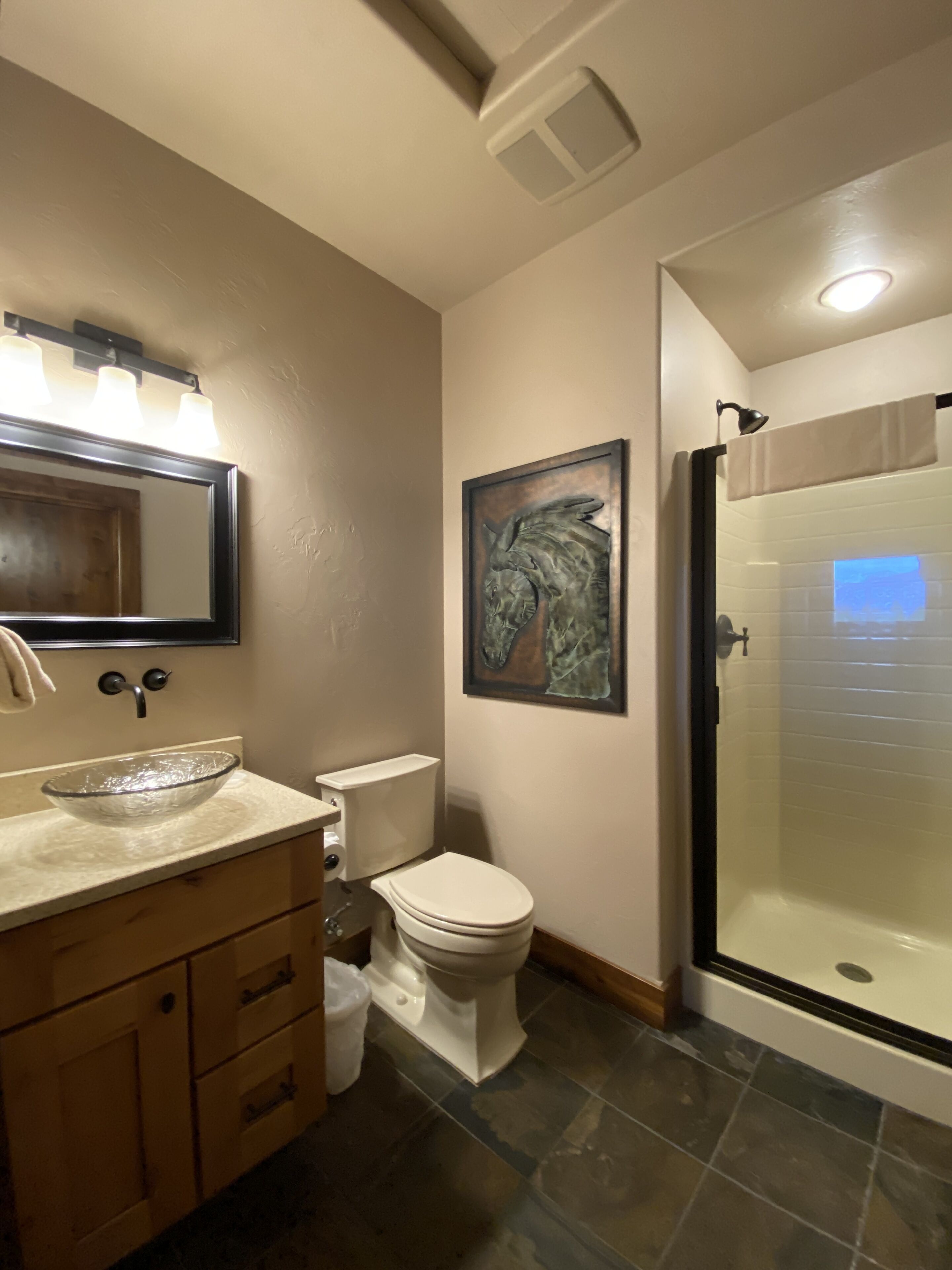 Een badkamer met een wastafel van glas, een toilet, een douche met glazen deur en een kunstwerk in een lijst aan de muur.