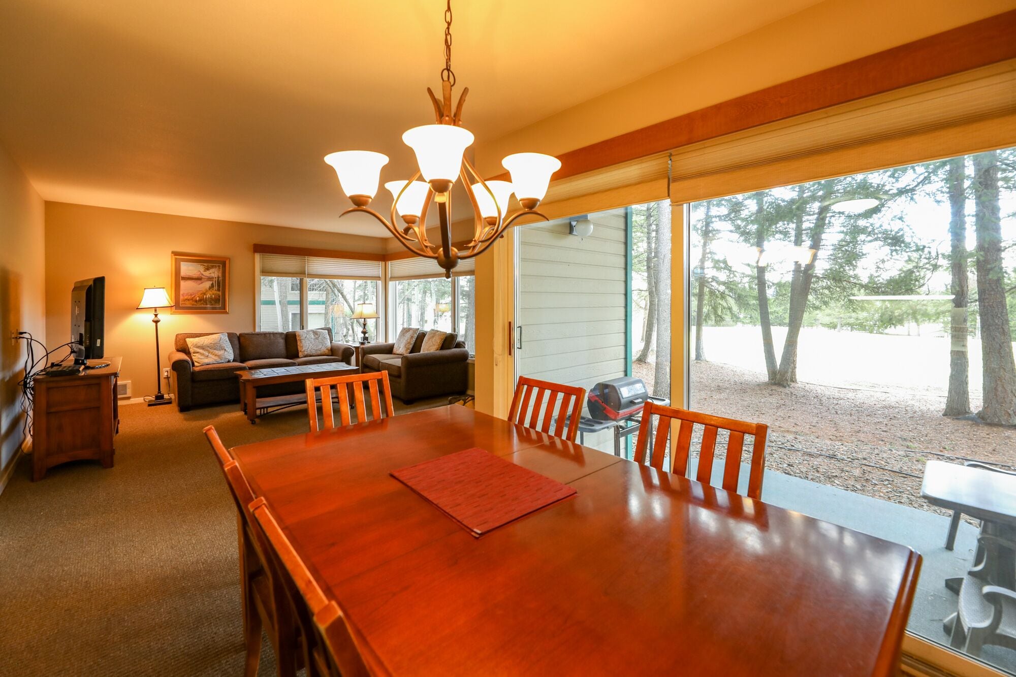 Amplia sala de estar con un gran comedor de madera, asientos cómodos y vistas al exterior.