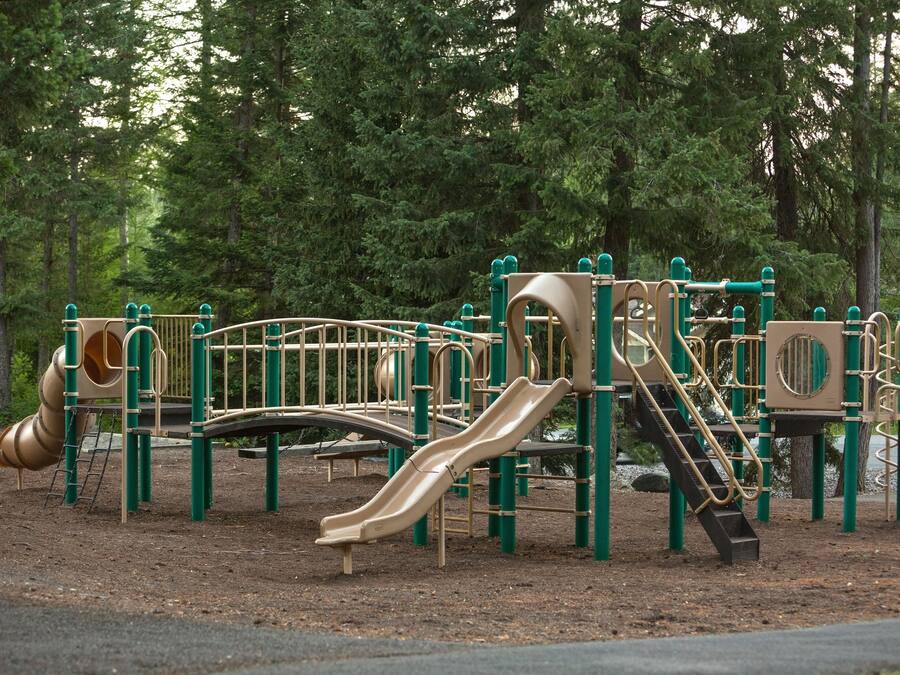 A playground with slides and climbing structures surrounded by trees.