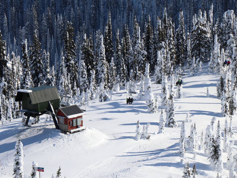A ski resort with a chairlift, snow-covered trees, and a small lodge.
