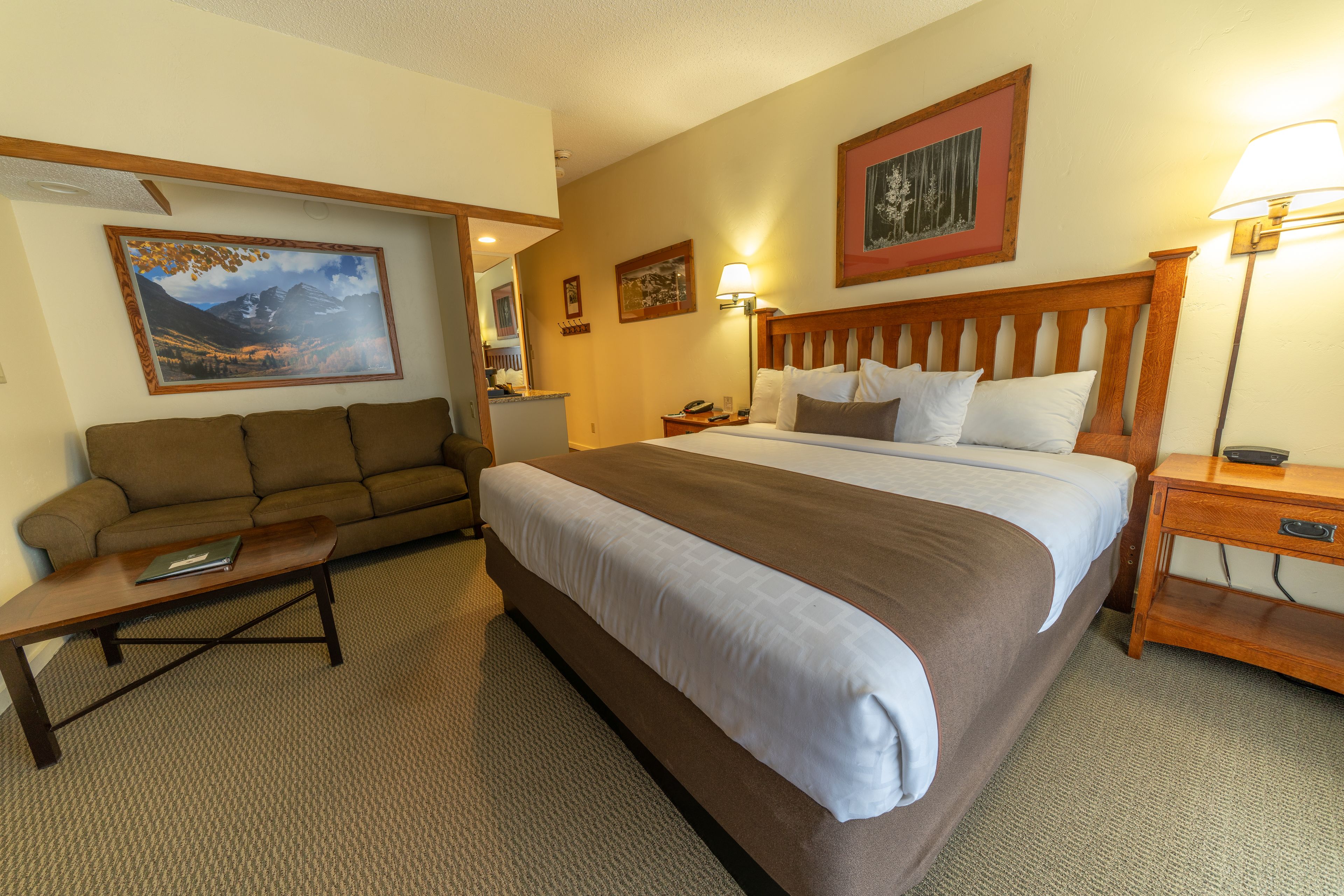 Una habitación de hotel con una cama grande, un sofá, un escritorio y una lámpara.