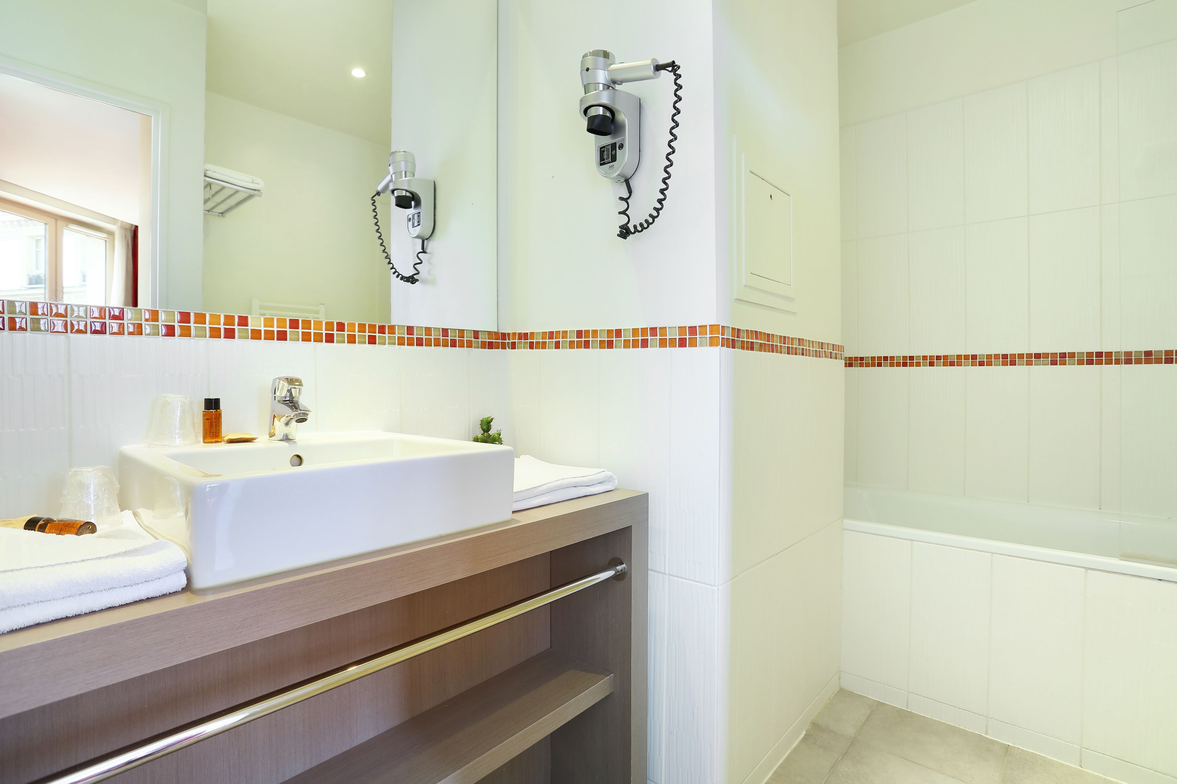 free toiletries, hair dryer, towels