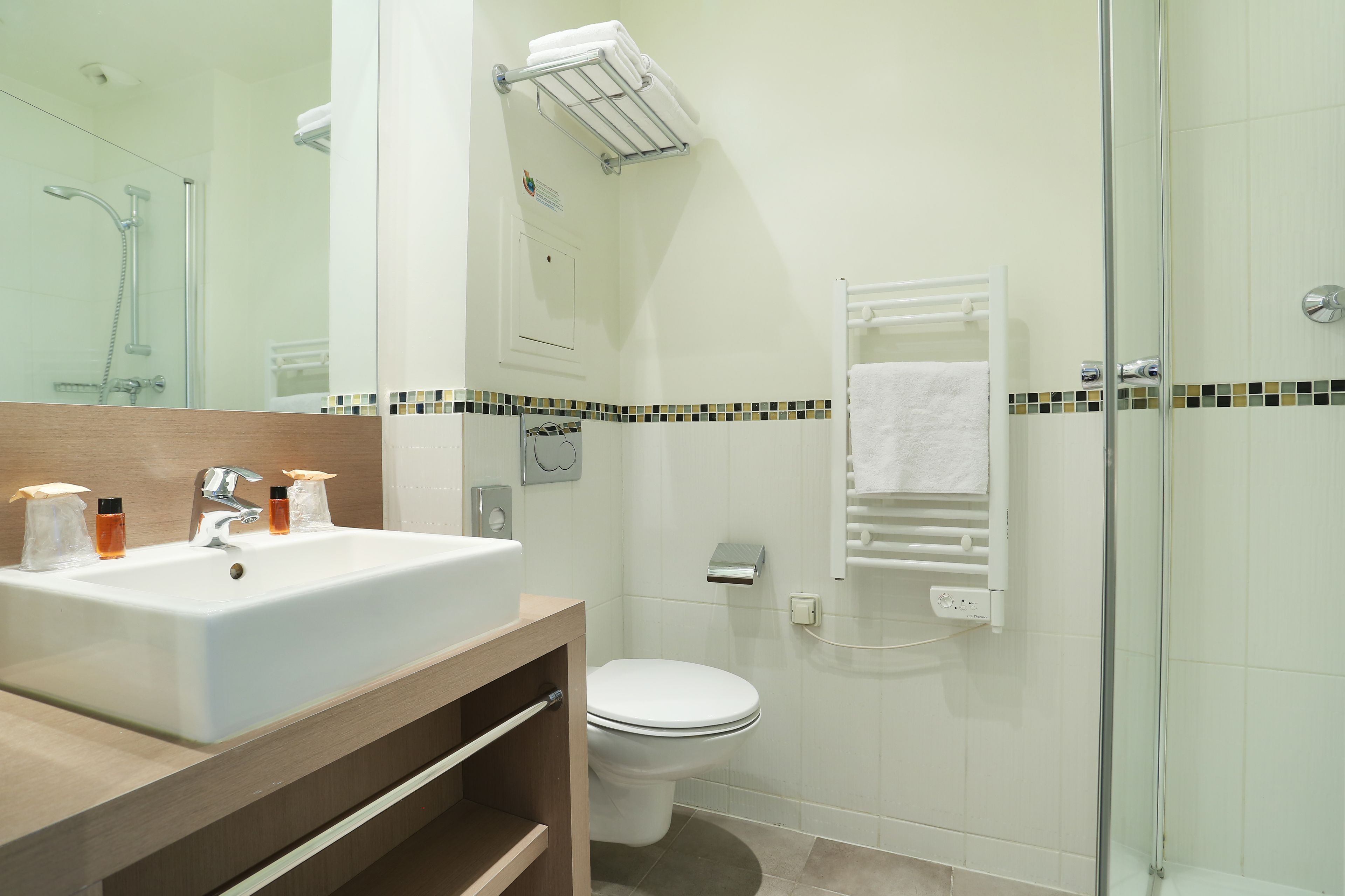 free toiletries, hair dryer, towels