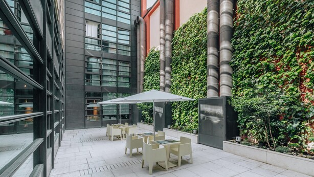 Un espace extérieur aménagé avec des tables et des chaises, un parasol, et un bâtiment doté de grandes fenêtres et d’un mur recouvert de lierre.