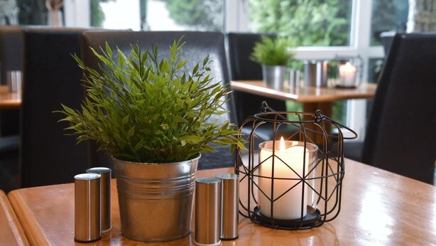 Una mesa de comedor con una planta en maceta, saleros y una vela en un farol.