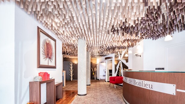Un área de recepción con un mostrador de madera con la leyenda "Hotel de Bonlieu", una gran obra de arte enmarcada en la pared y una alfombra estampada.