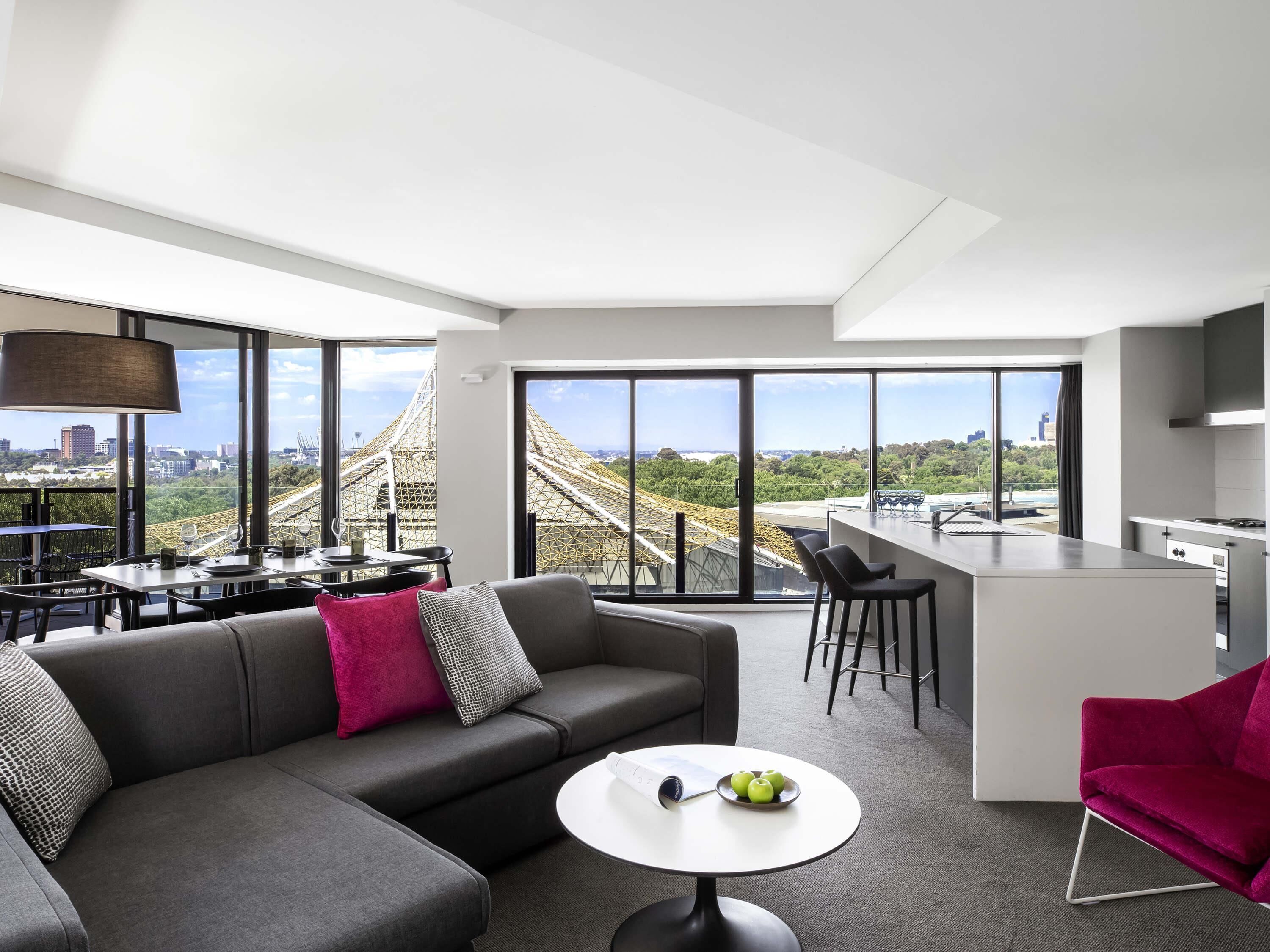 Premium Two Bedroom Corner Apartment | In-room safe, desk, laptop workspace, blackout drapes